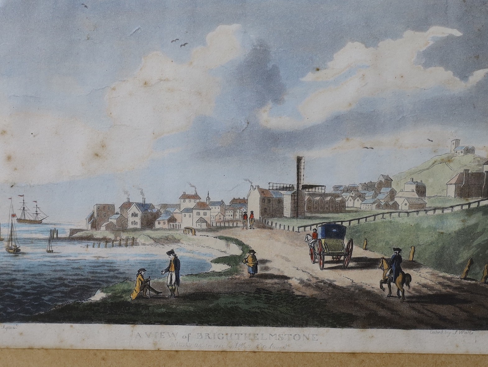 Watts after Jukes, coloured aquatint, A View of Brighthelmstone, 15 x 23cm and six other Brighton prints in four frames